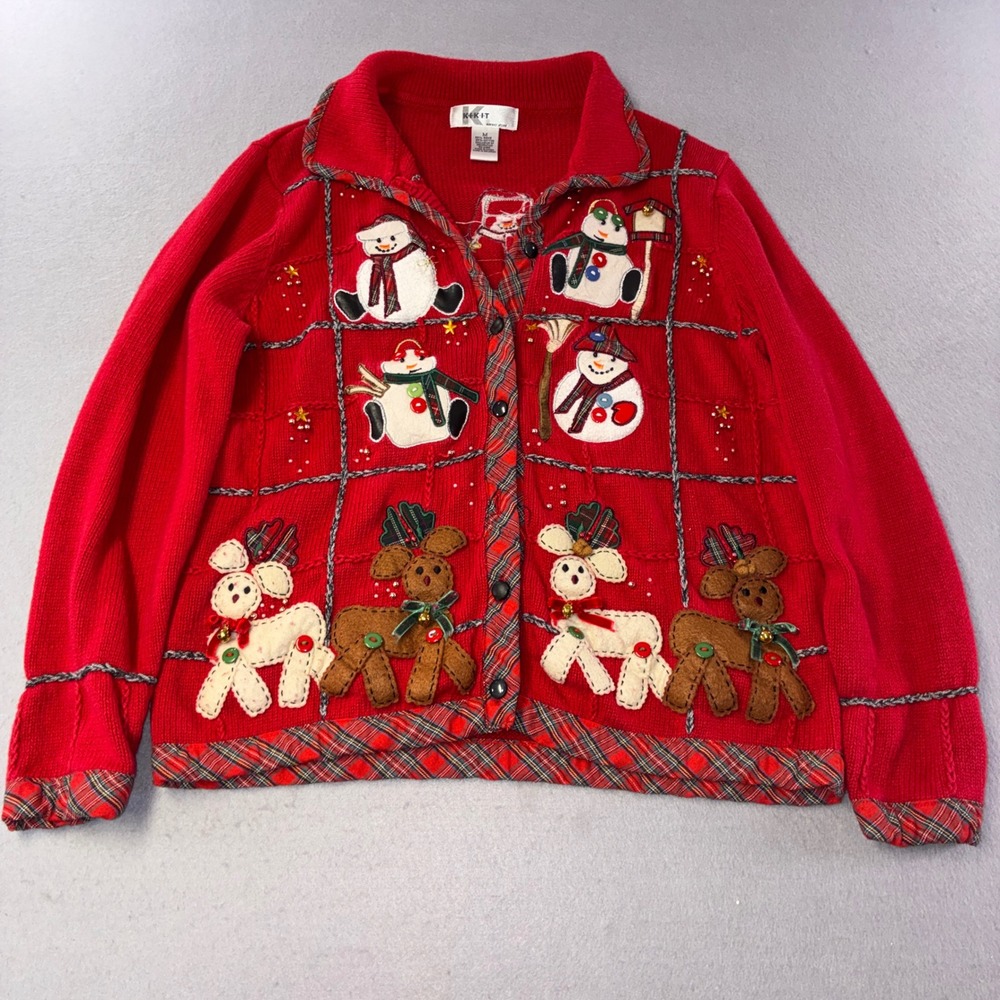 KIKIT Cardigan Sweater Womens Medium Red Snowman Reindeer Plaid Holiday Festive